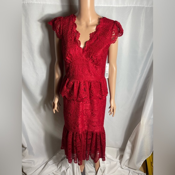 Antonio Melani Archer Hibiscus Red Lace Peplum Midi Dress Size 6 NWT Formal - Picture 1 of 10